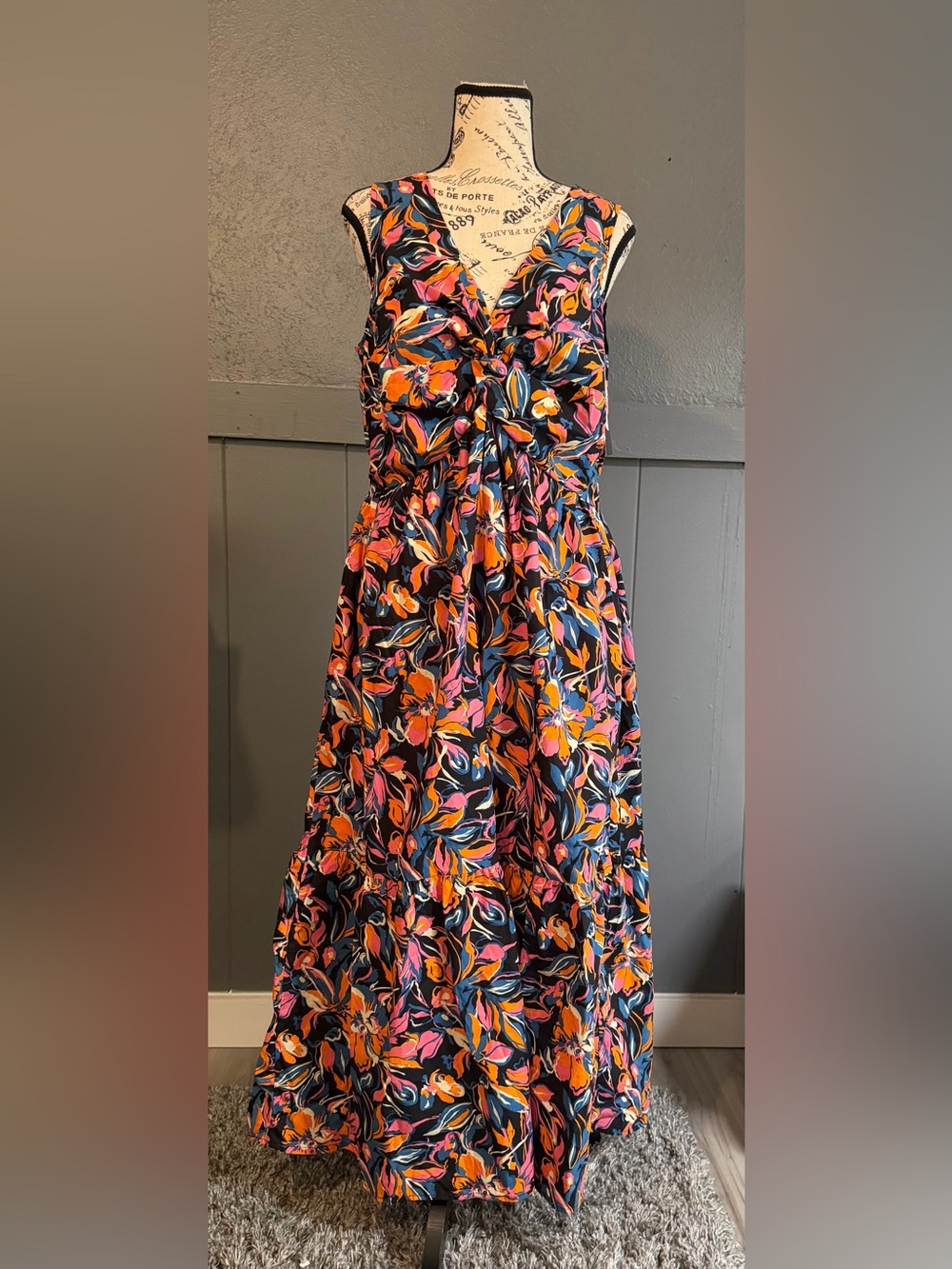 French Connection Floral Black Dress with Pink & Orange Print